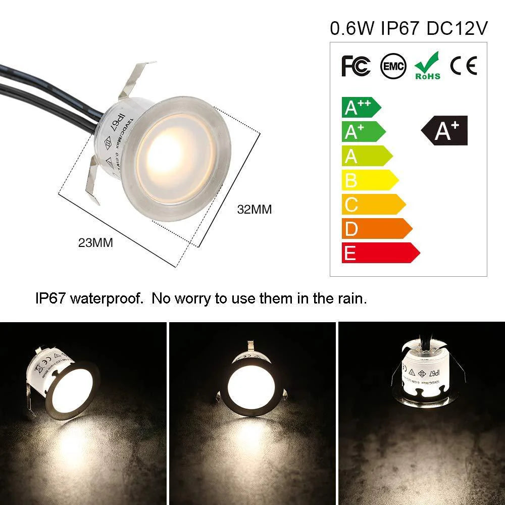 16-Pack Recessed LED Deck Lights – 0.6W Each | Warm White / Natural White | AC100–265V Input with Power Adapter | US / EU / UK / AU Plug Options | IP67 Waterproof Inground Step Lights Kit for Deck, Garden, Yard, Stairs & Pathway Lighting