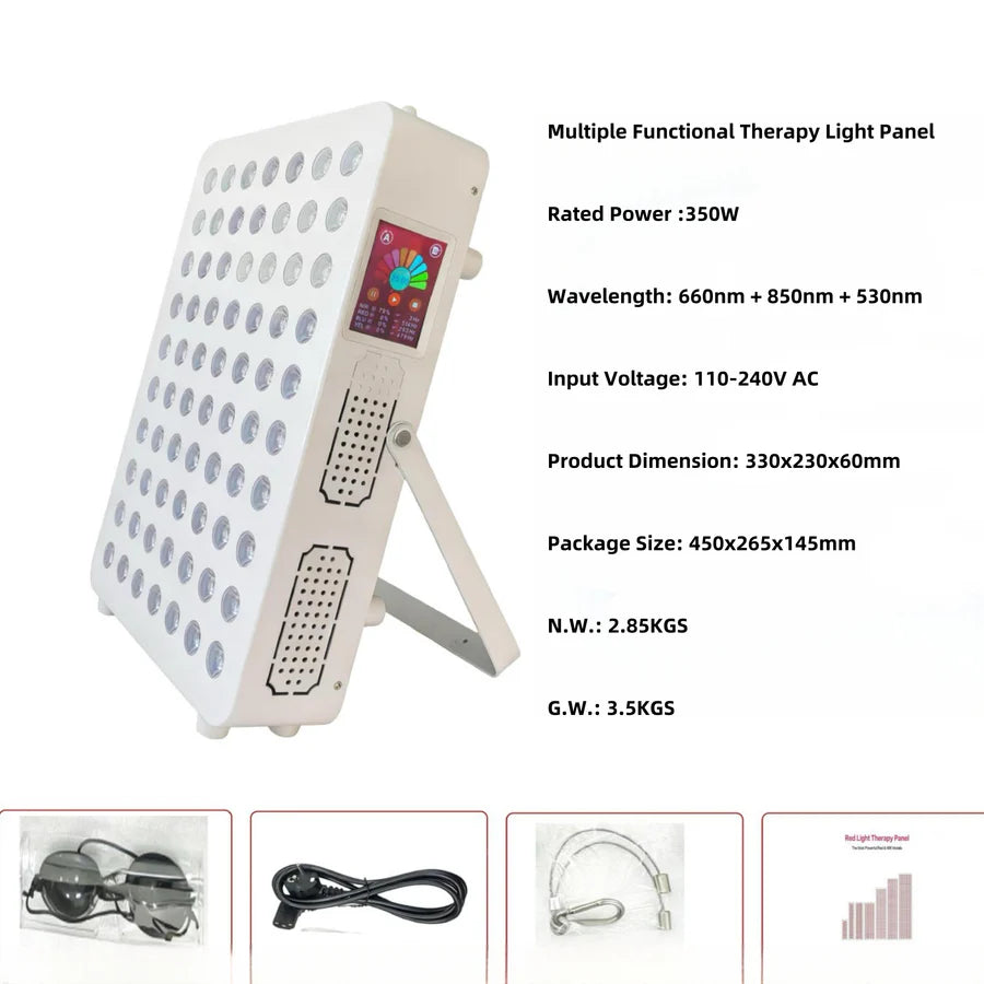 350W Touch Screen Infrared Therapy Lamp – Red 660nm & Green 530nm & IR | 3-Channel Independent Control | Dimmable Timer | AC100–240V | Desktop / Hanging Mount | for Skin Care | Goggles Included | US / EU / UK / AU Plug