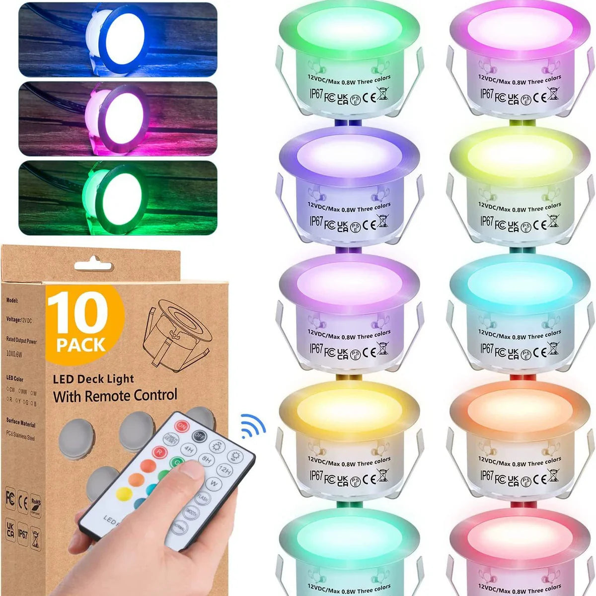 10-Pack RGB Recessed LED Deck Lights – AC100–265V Input with Power Adapter | Remote Control | US / EU / UK / AU Plug Options | IP67 Waterproof Inground Step Lights Kit for Deck, Garden, Yard, Stairs & Pathway Lighting