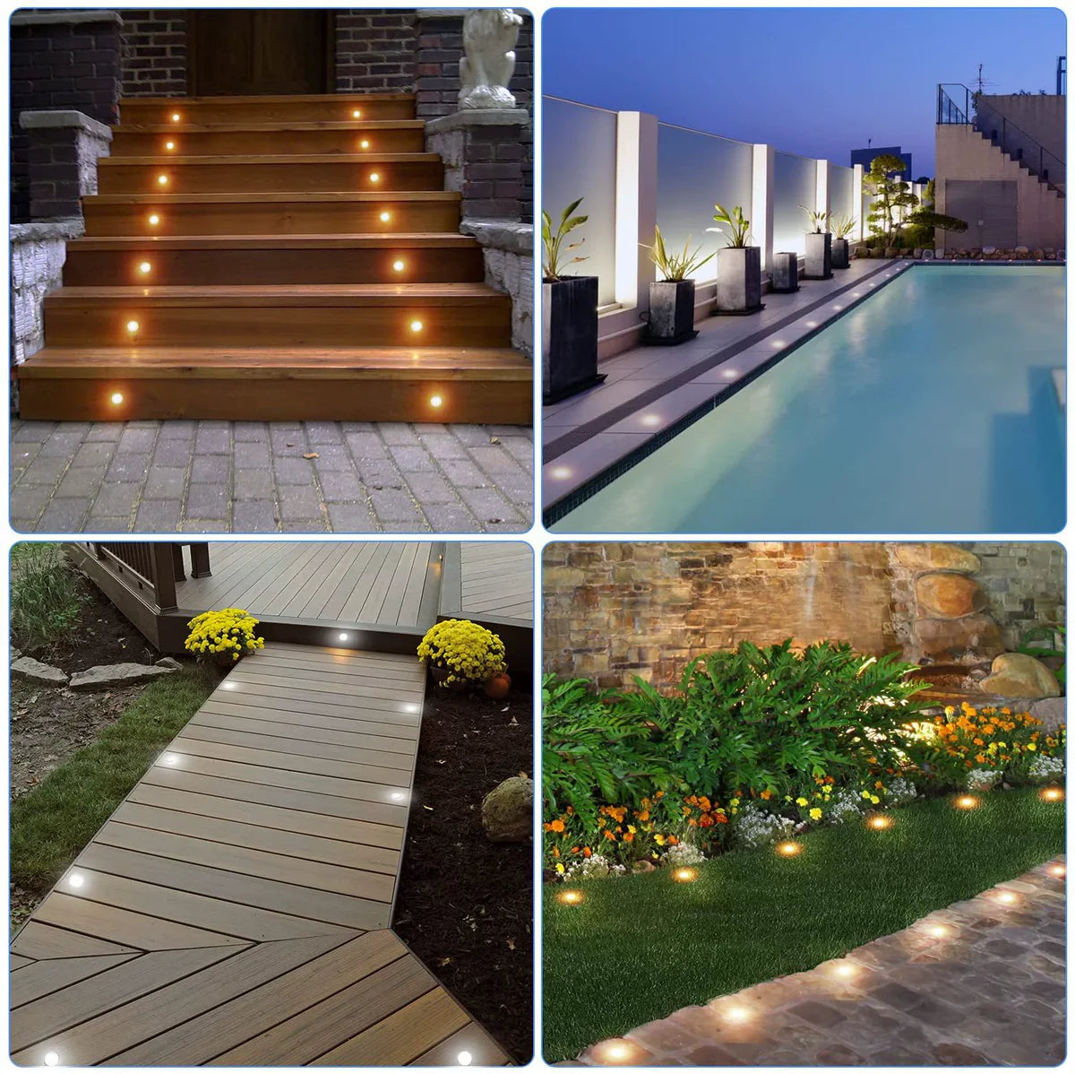 10-Pack Recessed LED Deck Lights – 0.8W Each | 3CCT Selectable 3000K / 4000K / 6000K | Remote Control Color Temperature Switching | AC100–265V Input with Power Adapter | US / EU / UK / AU Plug Options | IP67 Waterproof Inground Step Lights Kit