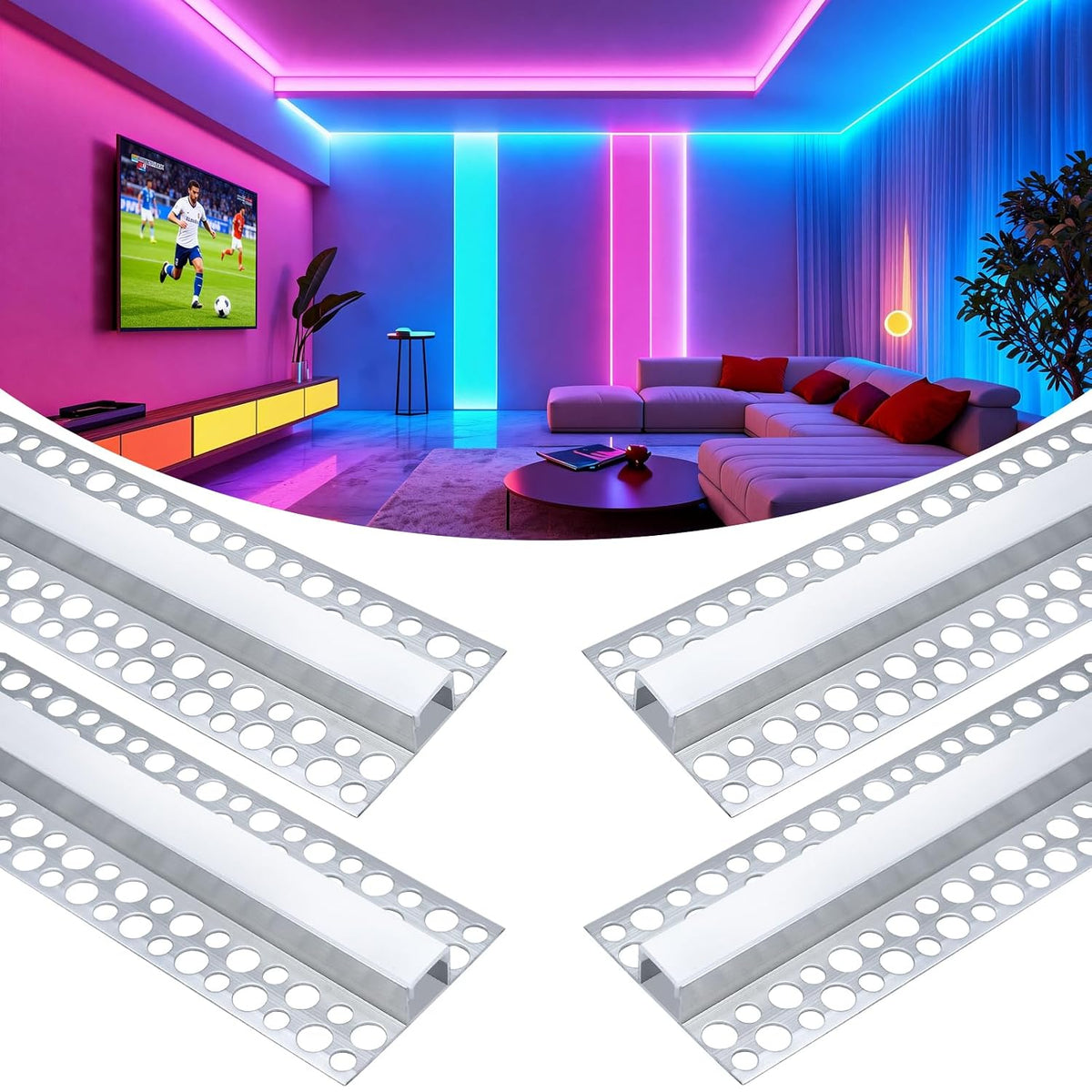 Silver TX-289 Double-Sided LED Aluminum Channel for Plaster-In Drywall, Fits LED Strips Up to 12mm Wide, with Milky White Diffuser