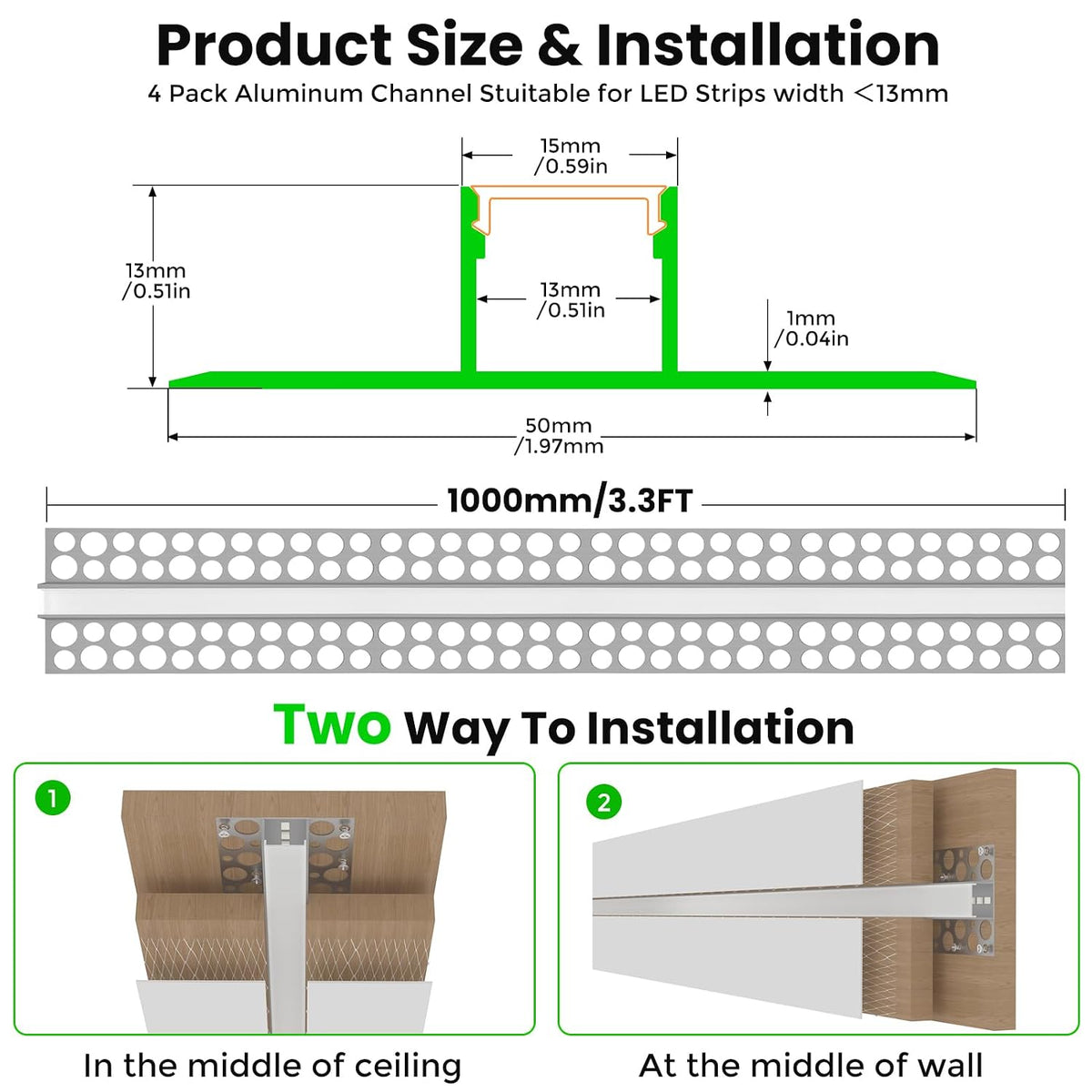 Silver TX-289 Double-Sided LED Aluminum Channel for Plaster-In Drywall, Fits LED Strips Up to 12mm Wide, with Milky White Diffuser