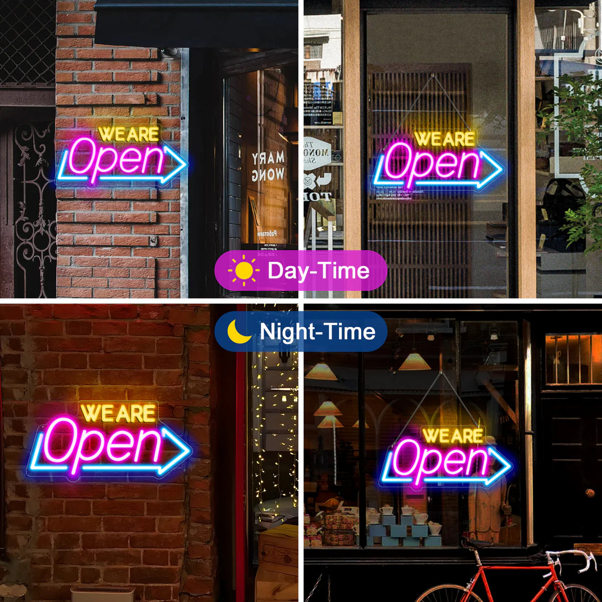 WE ARE OPEN Neon Sign – Arrow Shape LED Window Sign | USB Powered | 16×8 inch (41×20 cm) | 3 Color Combos for Storefront Display