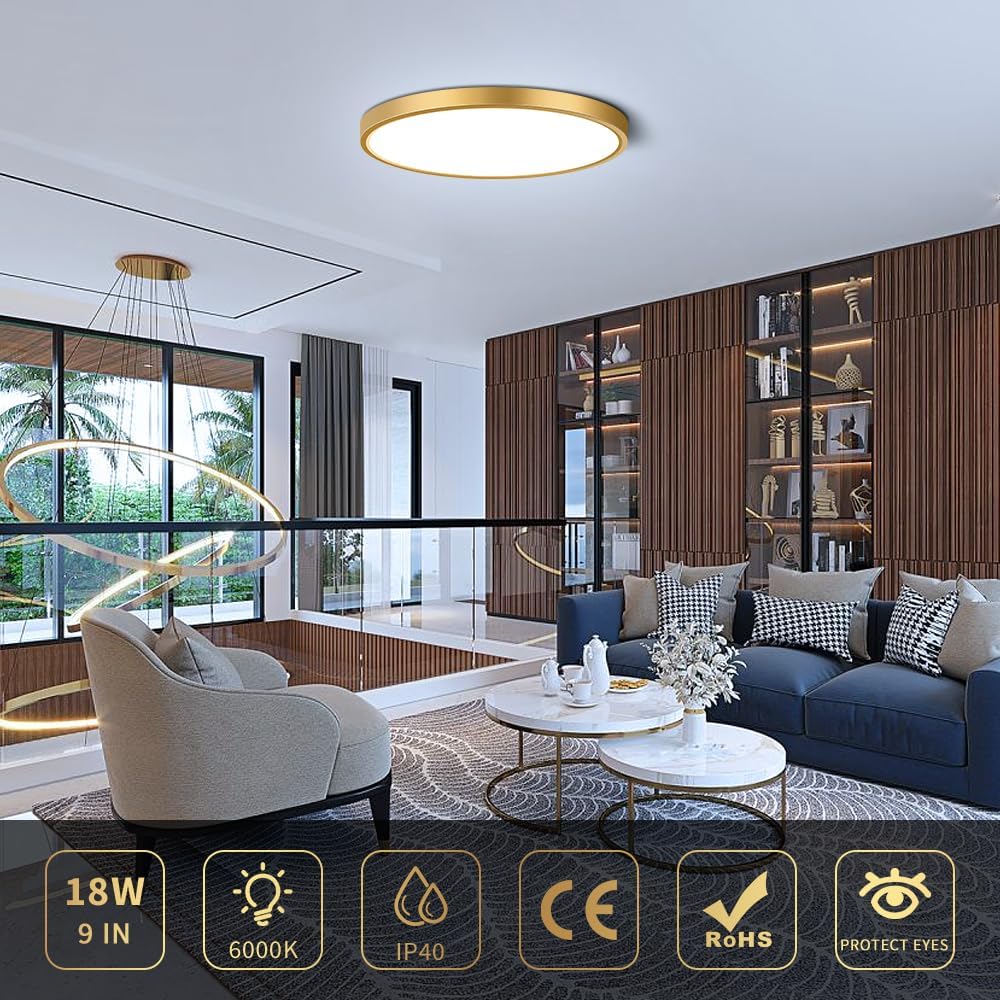 9 Inch 18W White / Gold Round Ceiling Light – AC 110–130V | 3000K / 4500K / 5000K / 6500K | Flush Mount Ceiling Light for Modern Home Lighting | 1-Pack – Local Stock (US)