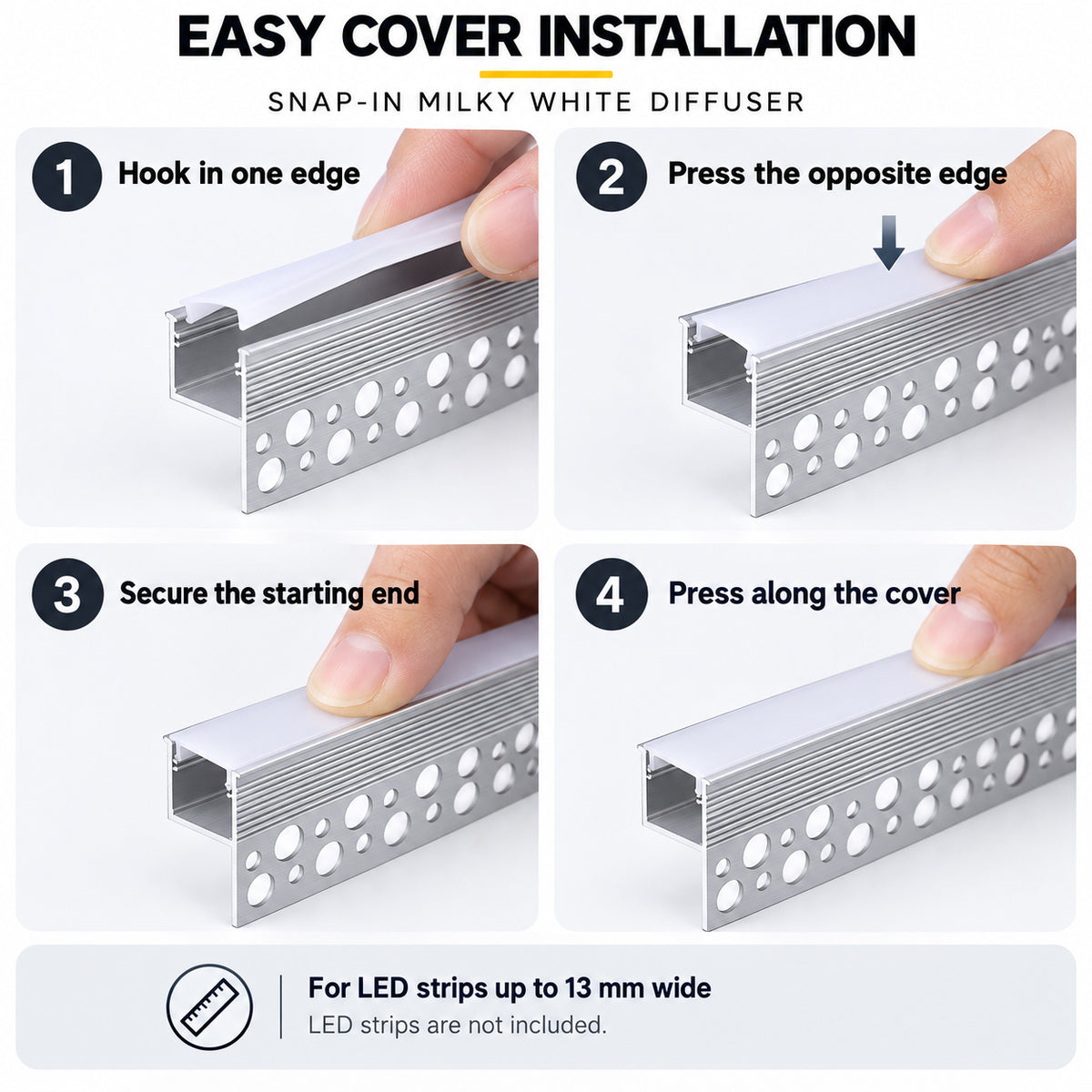 Silver XT-1118 One-Sided LED Aluminum Channel for Plaster-In Drywall, Fits LED Strips Up to 12mm Wide, with Milky White Diffuser