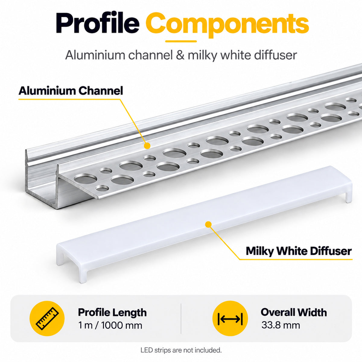 Silver XT-1138 One-Sided LED Aluminum Channel for Plaster-In Drywall, Fits LED Strips Up to 13mm Wide, with Milky White Diffuser