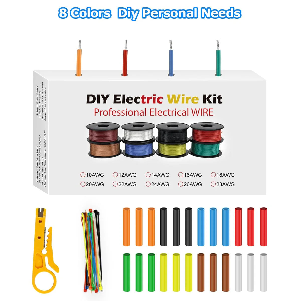26 AWG Silicone Wire Spool Set, Stranded Tinned Copper Electrical Cable, Flexible Hook Up Wire for LED Strip Lights, RC Models, DIY Electronics, 3m–15m Each Roll × 8 Colors