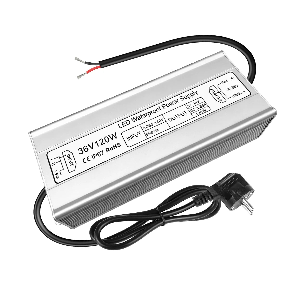 120W 36V/48V Waterproof LED Power Supply, 175-265V Input, Single Output, Aluminum Housing, Outdoor LED Lighting Driver, CE/RoHS/FCC Certified, UK/EU Plug