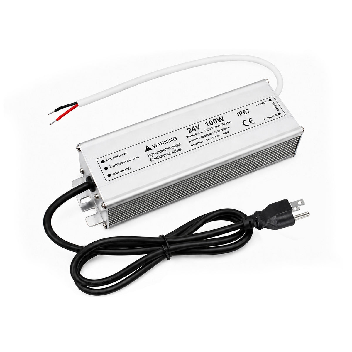 100W 12V/24V Waterproof LED Power Supply, 90-265V Input, Single Output, Aluminum Housing, Outdoor LED Lighting Driver, CE/RoHS/FCC Certified, US/UK/EU Plug