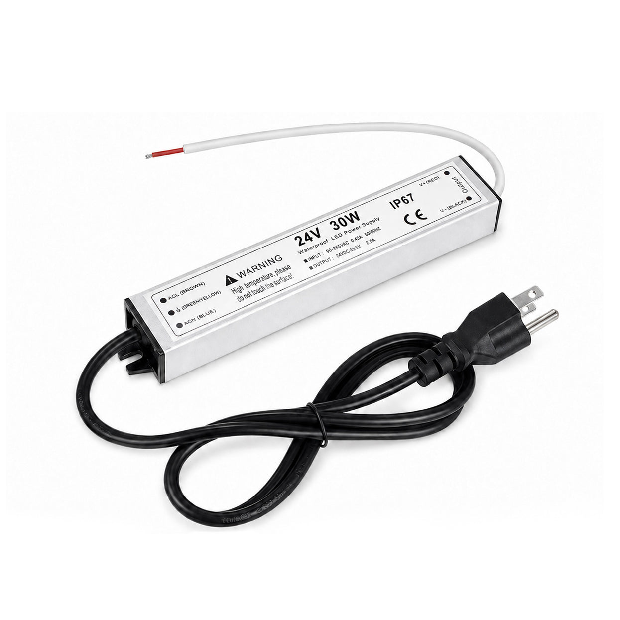 30W 12V/24V Waterproof LED Power Supply, 90-265V Input, Single Output, Aluminum Housing, Outdoor LED Lighting Driver, CE/RoHS/FCC Certified, US/UK/EU Plug