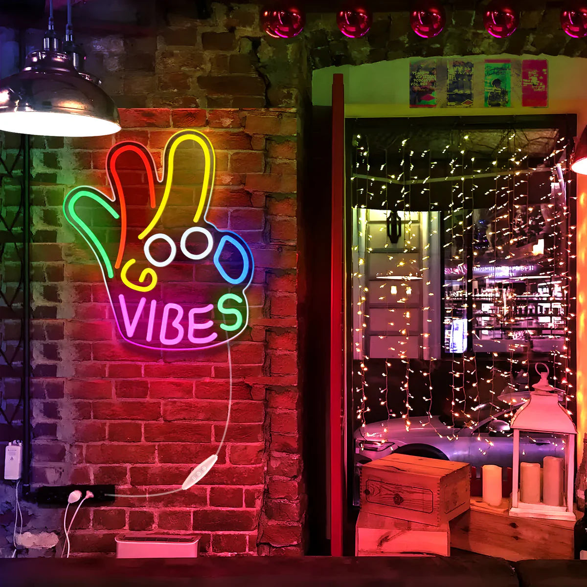 Good Vibes LED Sign – OK Hand Sign | USB Neon Light for Wall Decor | 17×13 inch | Hanging | Ideal for Bedroom, Dorm, Lounge, Party
