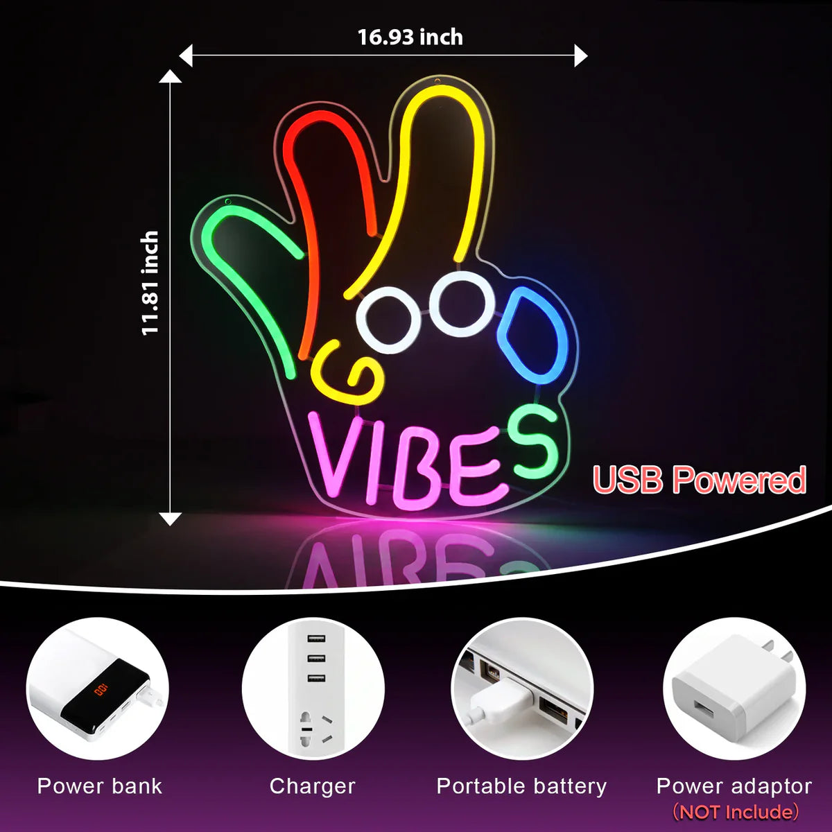 Good Vibes LED Sign – OK Hand Sign | USB Neon Light for Wall Decor | 17×13 inch | Hanging | Ideal for Bedroom, Dorm, Lounge, Party