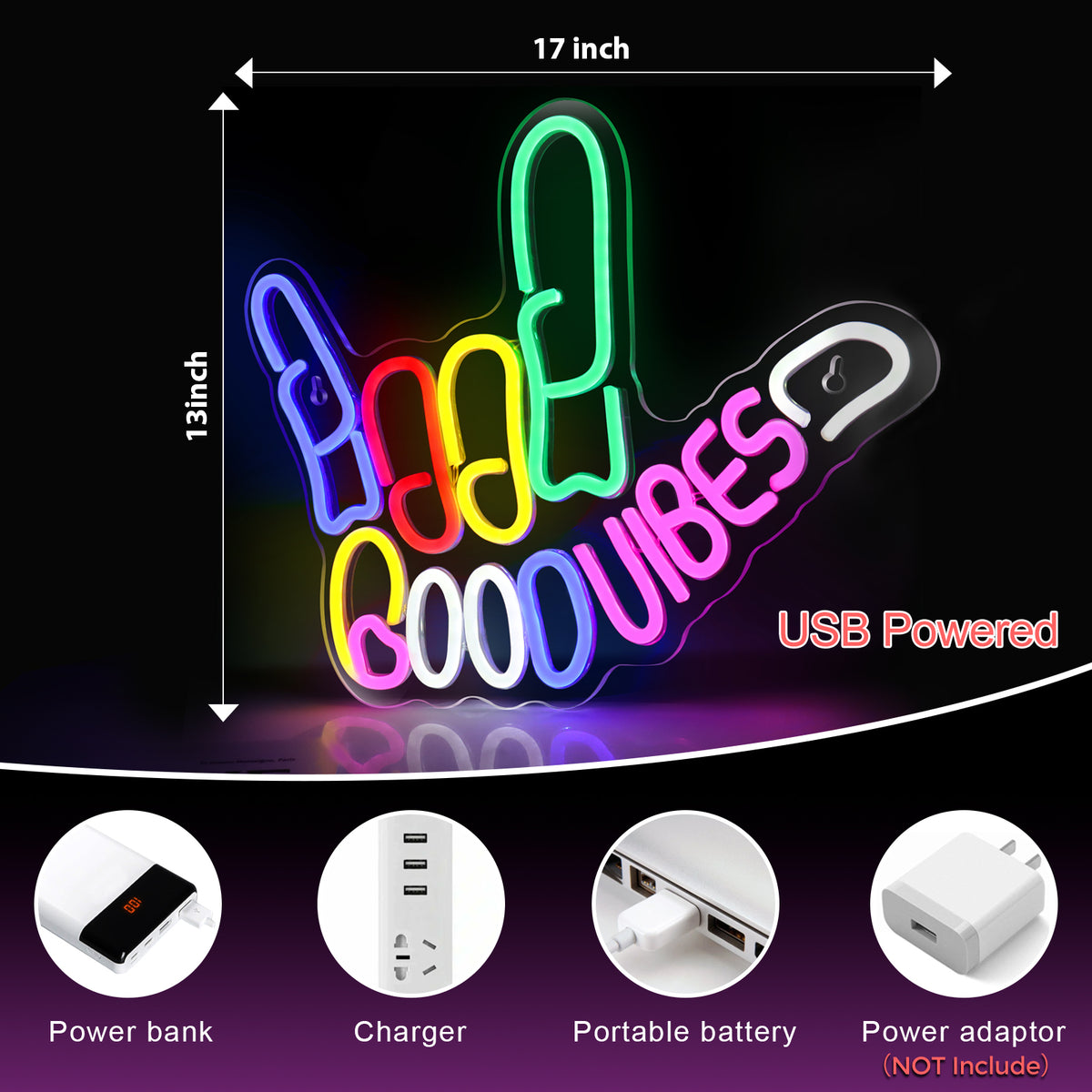 LightingWill Good Vibes Neon Sign - R&R Vibrant LED Finger Light for Colorful Ambiance; Dimmable and USB Powered Neon Signs for Wall Decor; Eye-Catching LED Lights for Game Room, Party, Wedding or Bar; Easy to Install, Durable, and Energy-Efficient