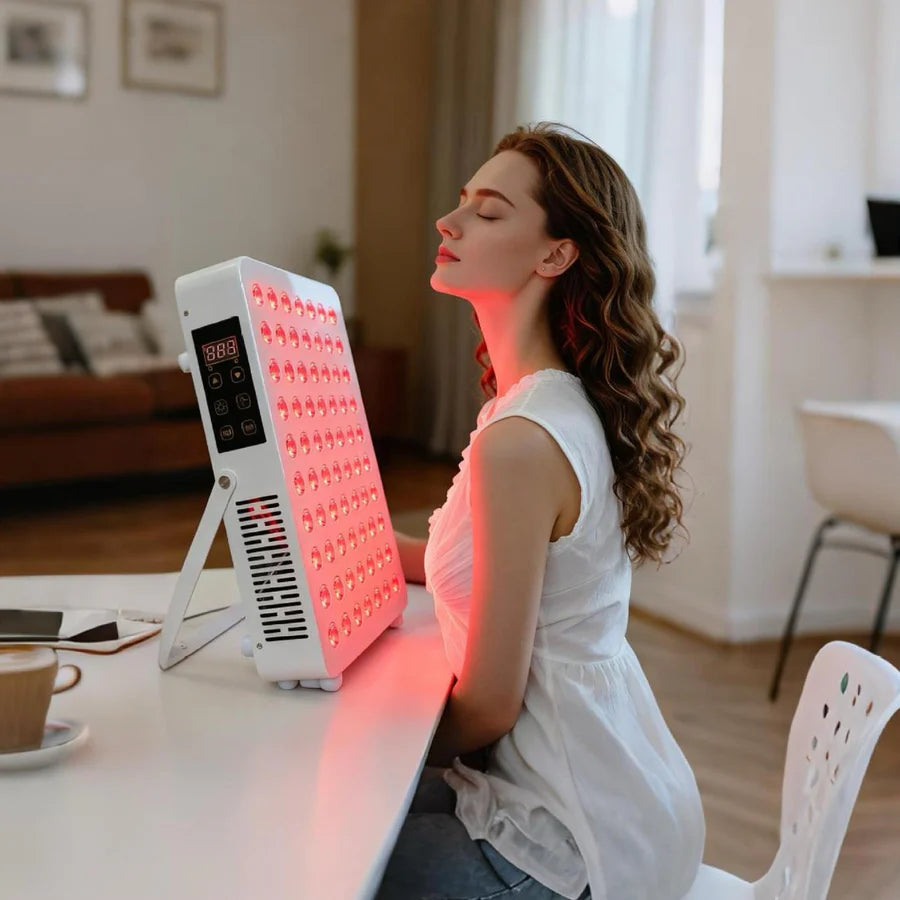 100W Desktop Infrared Therapy Lamp – 70 LEDs | Touch Screen | Red Light 660nm & IR 850nm | Dimmable Timer | AC100–240V | Desktop Stand Design | for Skin Care | Hanging Rope & Goggles Included | US / EU / UK / AU Plug