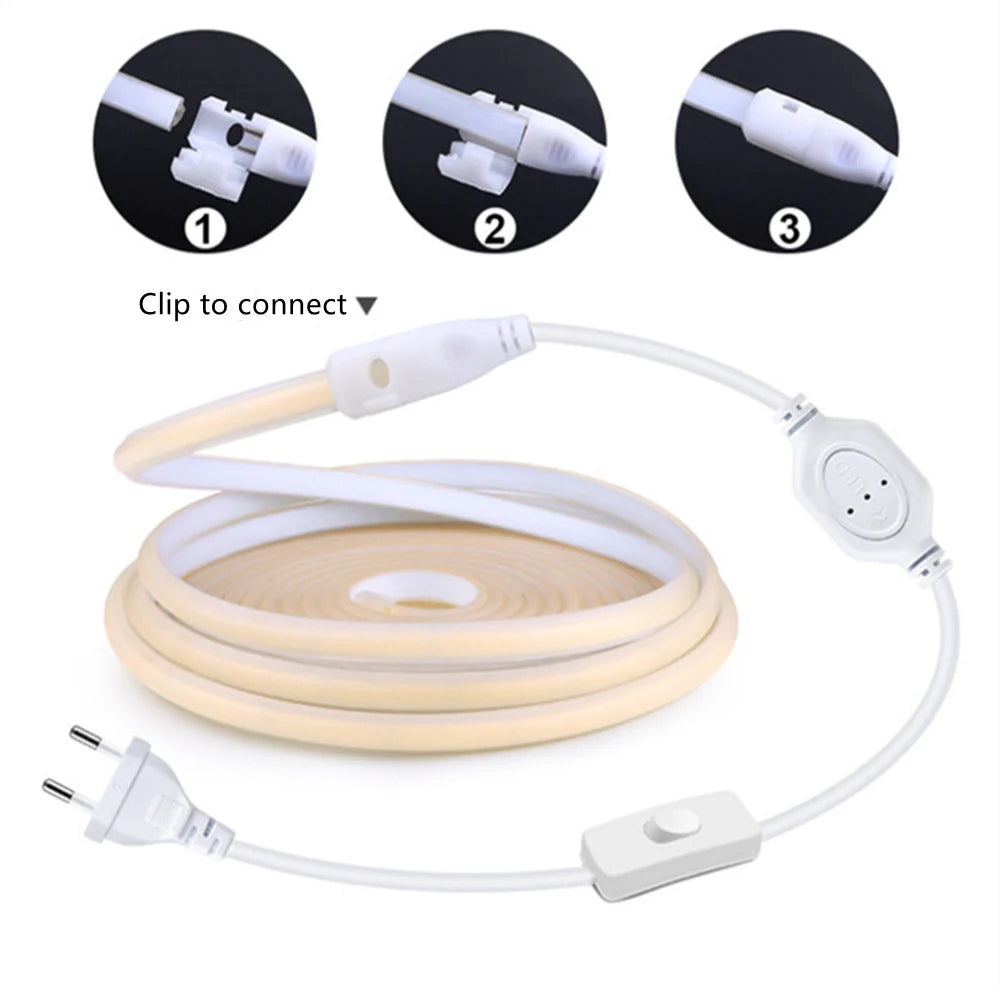 AC110V / 220V COB LED Strip Light 3000K / 6500K, IP65 Waterproof Spotless High Brightness Inline Power Switch for Cabinet Kitchen & Office Lighting, US / EU Plug, 5M/10M Pack