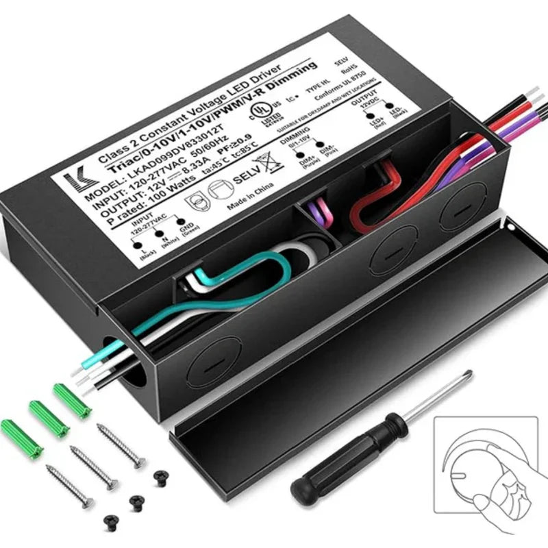 100W 12V DC Steel Case Triac Dimmable LED Driver, UL Listed, AC 120-277V Input, LED Driver for LED Strip Lighting / Under Cabinet Lighting / Home Ambient Lighting