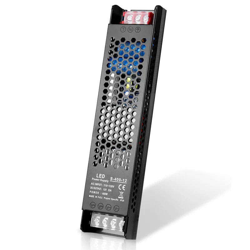 Slim Black DC 12V/24V 300W–400W Switching Power Supply, AC 110–130V/175–250V Input, LED Driver Transformer with Built-in Cooling Fan, CE/FCC/RoHS Certified