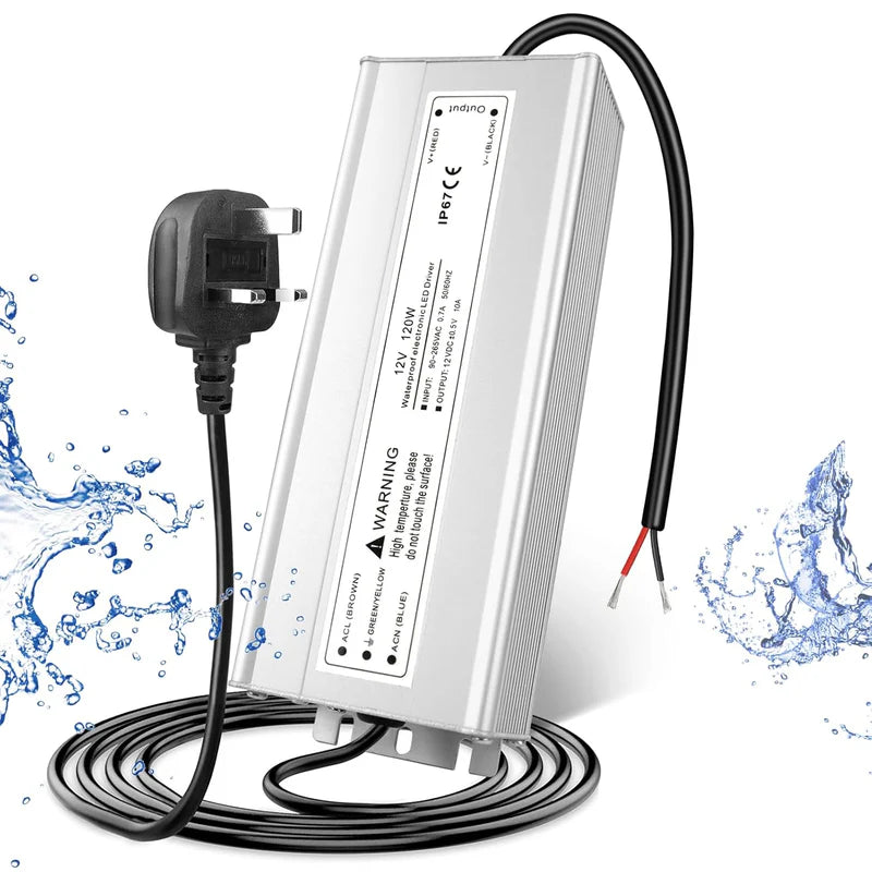 12V Waterproof LED Power Supply, 30W–300W Outdoor LED Driver, 90–265V AC Input, Single or Dual Wire Output, CE/RoHS/FCC Certified, US / UK / EU Plug &amp; Wire Lead Options