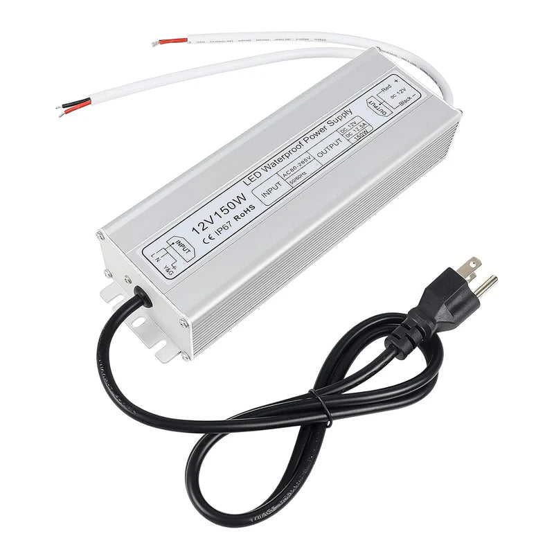 12V Waterproof LED Power Supply, 30W–300W Outdoor LED Driver, 90–265V AC Input, Single or Dual Wire Output, CE/RoHS/FCC Certified, US / UK / EU Plug &amp; Wire Lead Options