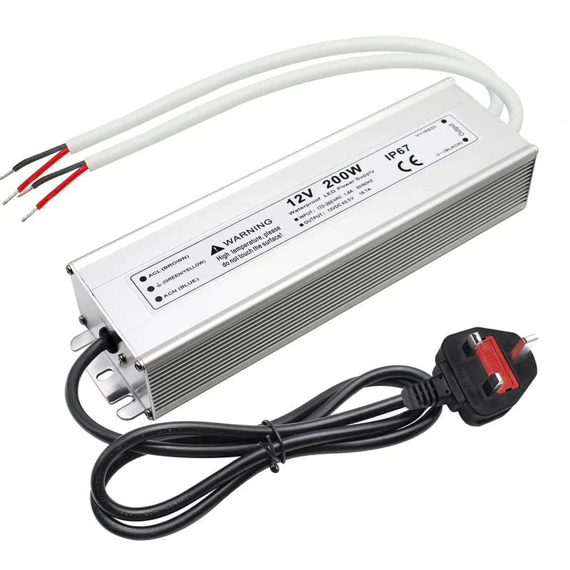 12V Waterproof LED Power Supply – 200W–500W Outdoor LED Driver, 175–265V AC Input, Single or Dual Wire Output, CE/RoHS/FCC Certified, UK/EU Plug & Wire Lead Options