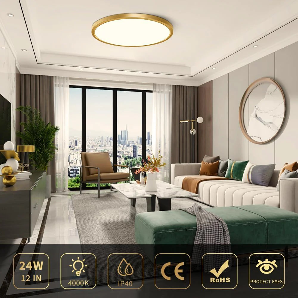AC 110–130V Round Gold LED Ceiling Light, 18W / 24W / 32W Options 3000K / 4500K / 5000K / 6500K Flush Mount Ceiling Light Local Stock (US)