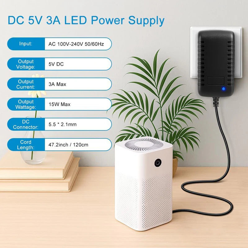 Plug-in Power Supply Adapter DC 5V 15W–25W, AC 100–240V Wall Charger Transformer with US Plug for LED Strip Lights, Routers, USB Devices, Electronics