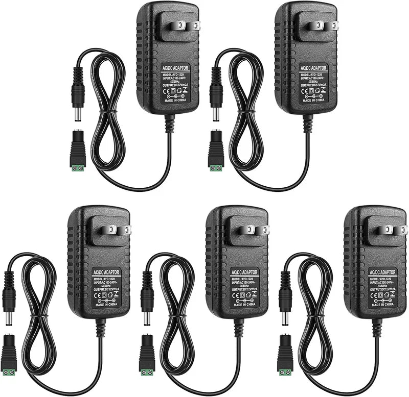 Power Supply Adapter DC 12V 12W–24W, AC 100–240V Wall Plug Transformer with US/UK Plug, Black Case LED Driver for LED Strip Lights, CCTV, Electronics