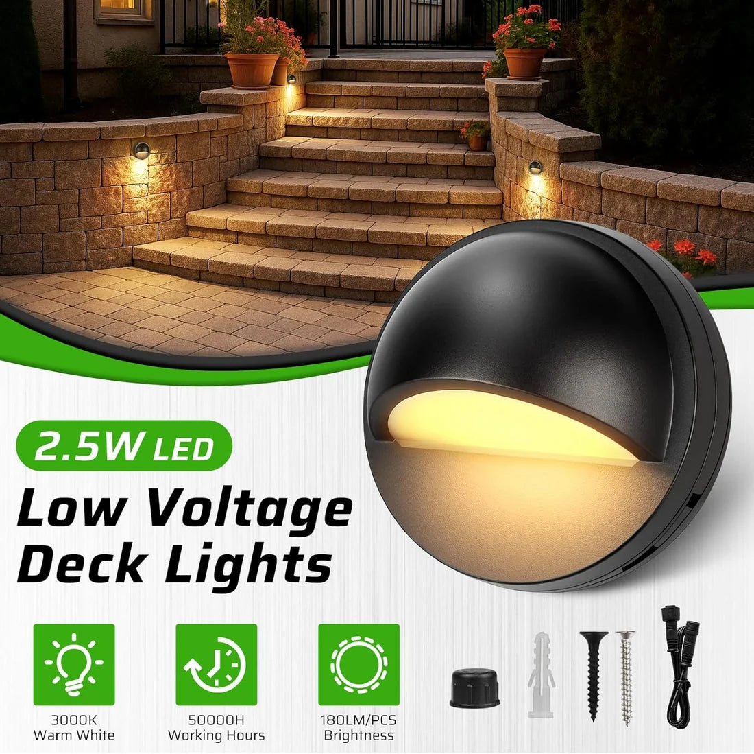 Low Voltage LED Deck Lights Kit - 3000K Warm White | 6 / 8 Pack Fence Lights with Transformer Photocell Sensor | IP67 Waterproof | Outdoor Lights for Walkway Stair Post Railing