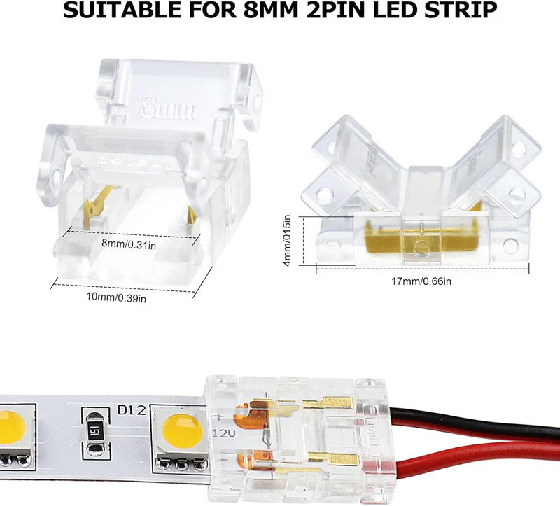 LightingWill LED Strip Connector 8mm 2Pin Transparent Solderless Clips, LED Light Strip Connector Crystal Strip to Wire Strip to Strip DC Adapter L Connector, Local Stock US UK