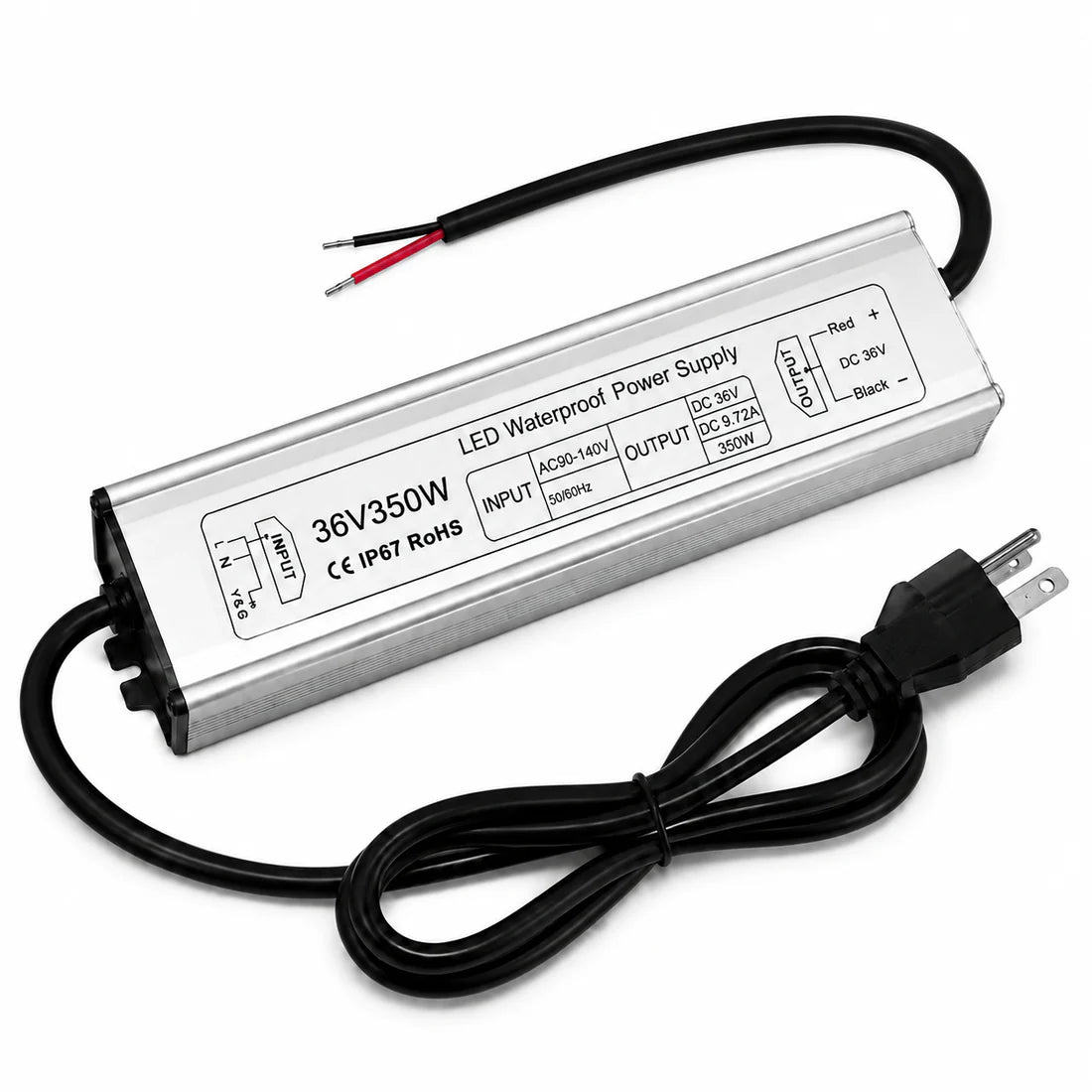350W 12V/24V/36V/48V Waterproof LED Power Supply, 90-140V Input, Single/Dual Output, Aluminum Housing, Outdoor LED Lighting Driver, CE/RoHS/FCC Certified, US Plug