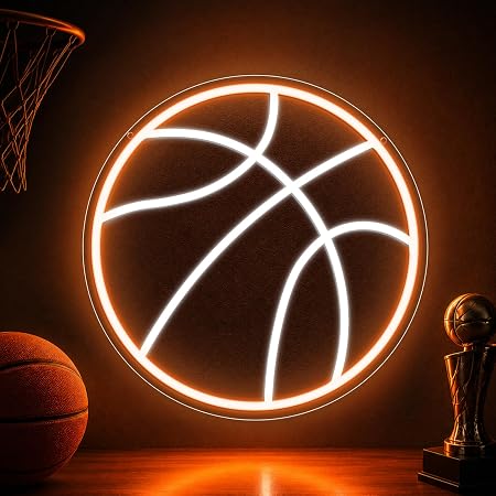 LED Neon Signs – Basketball Silicone Neon Sign – 12.5×12.5 Inch | 5V USB Powered Dimmable Orange & White Glow LED Wall Light | Neon Lamp with Accessories Included | Hanging Sports Decor for Bedroom, Game Room, Bar & Party Spaces