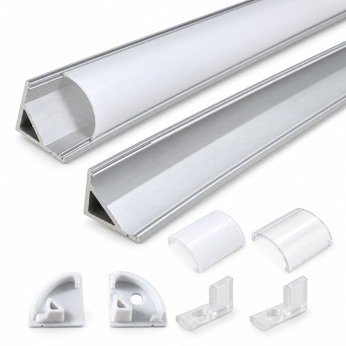 Silver V02 16x16mm V-Shape Corner-Mount LED Aluminum Channel, 12mm Inner Width, with Cover, End Caps & Mounting Clips