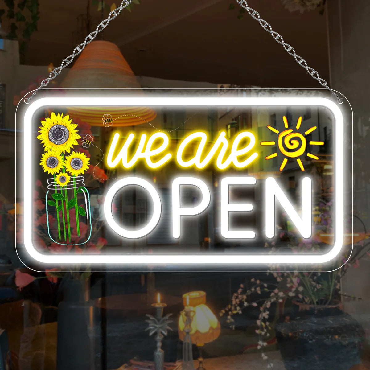 We Are Open Neon Sign with Sunflower Decor – USB Version | Warm White / Yellow & White | 17×9” / 24×13” | DC 5V LED Window Light for Business Decor