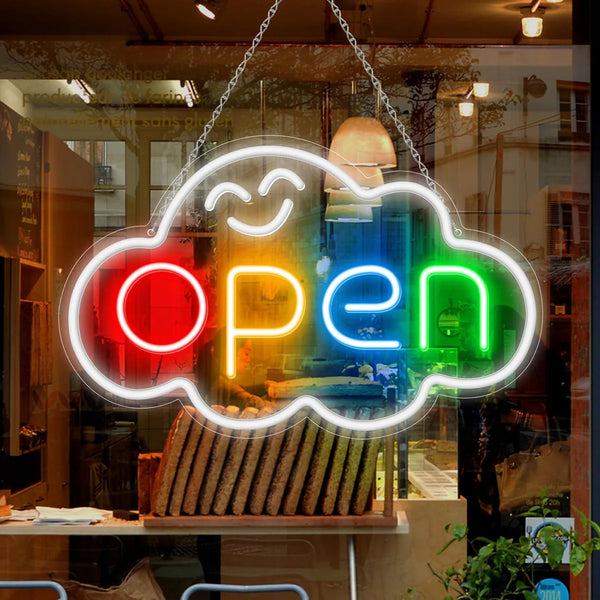 OPEN LED shop signs – Cloud Shape | Silicone Rainbow Glow Neon Signs | 16.5 × 10.2 inch | Window Hanging |  Plug & Play for Retail Stores, Shops & Boutiques