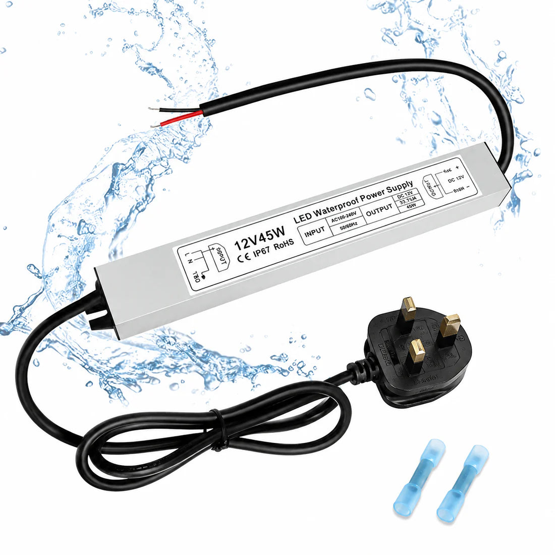45W 12V Waterproof LED Power Supply, 90-265V Input, Single Output, Aluminum Housing, Outdoor LED Lighting Driver, CE/RoHS/FCC Certified, US/UK/EU Plug