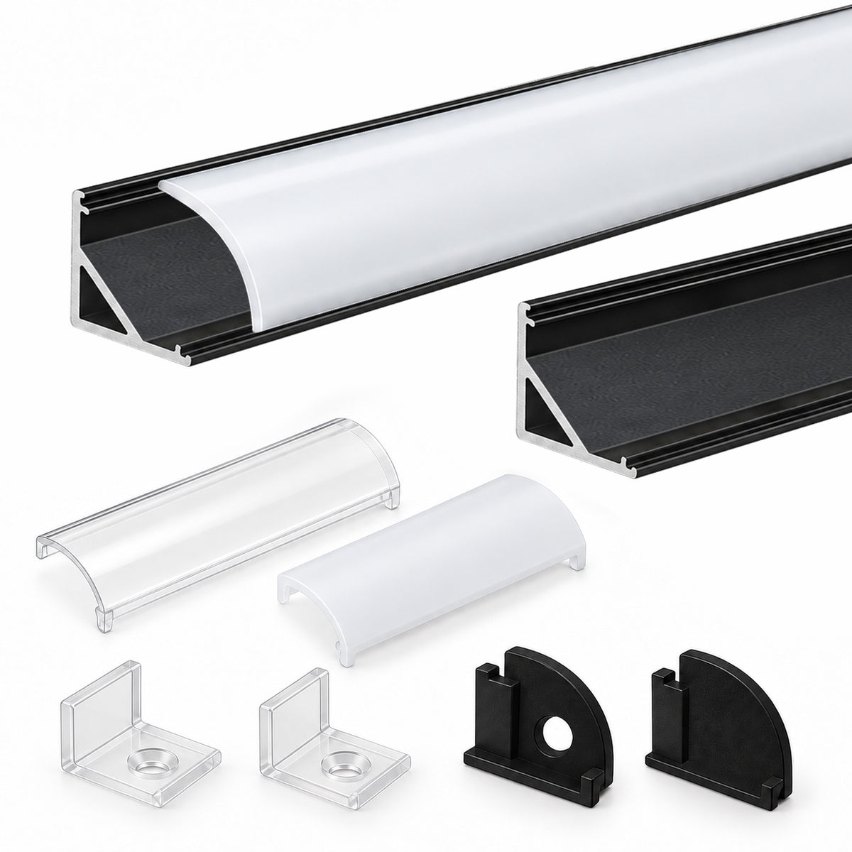 Black V02 16x16mm V-Shape Corner-Mount LED Aluminum Channel, 12mm Inner Width, with Cover, End Caps & Mounting Clips