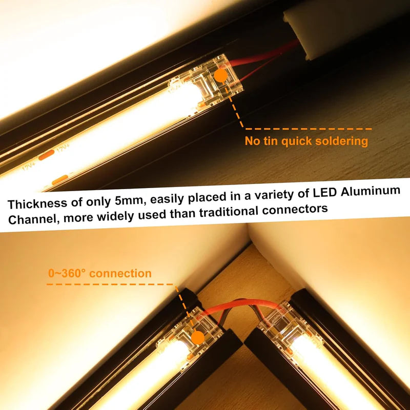 LightingWill LED Strip Connector 8mm 2Pin Transparent Solderless Clips, LED Light Strip Connector Crystal Strip to Wire Strip to Strip DC Adapter L Connector, Local Stock US UK