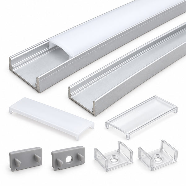 Silver U02 9x17mm U-Shape LED Aluminum Channel, 12mm Inner Width, with Cover, End Caps & Mounting Clips