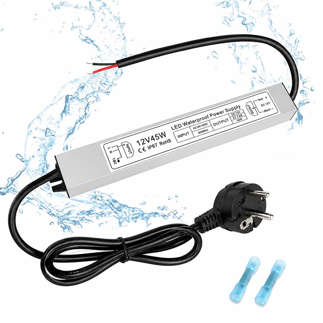 45W 12V Waterproof LED Power Supply, 90-265V Input, Single Output, Aluminum Housing, Outdoor LED Lighting Driver, CE/RoHS/FCC Certified, US/UK/EU Plug