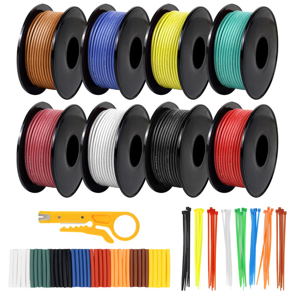 22 AWG Hook Up Wire Kit, Silicone Electrical Wire Spools, Stranded Tinned Copper Cable, 3m–15m Each Roll × 8 Colors for RC, LED Lighting, Automotive, DIY, Electronics