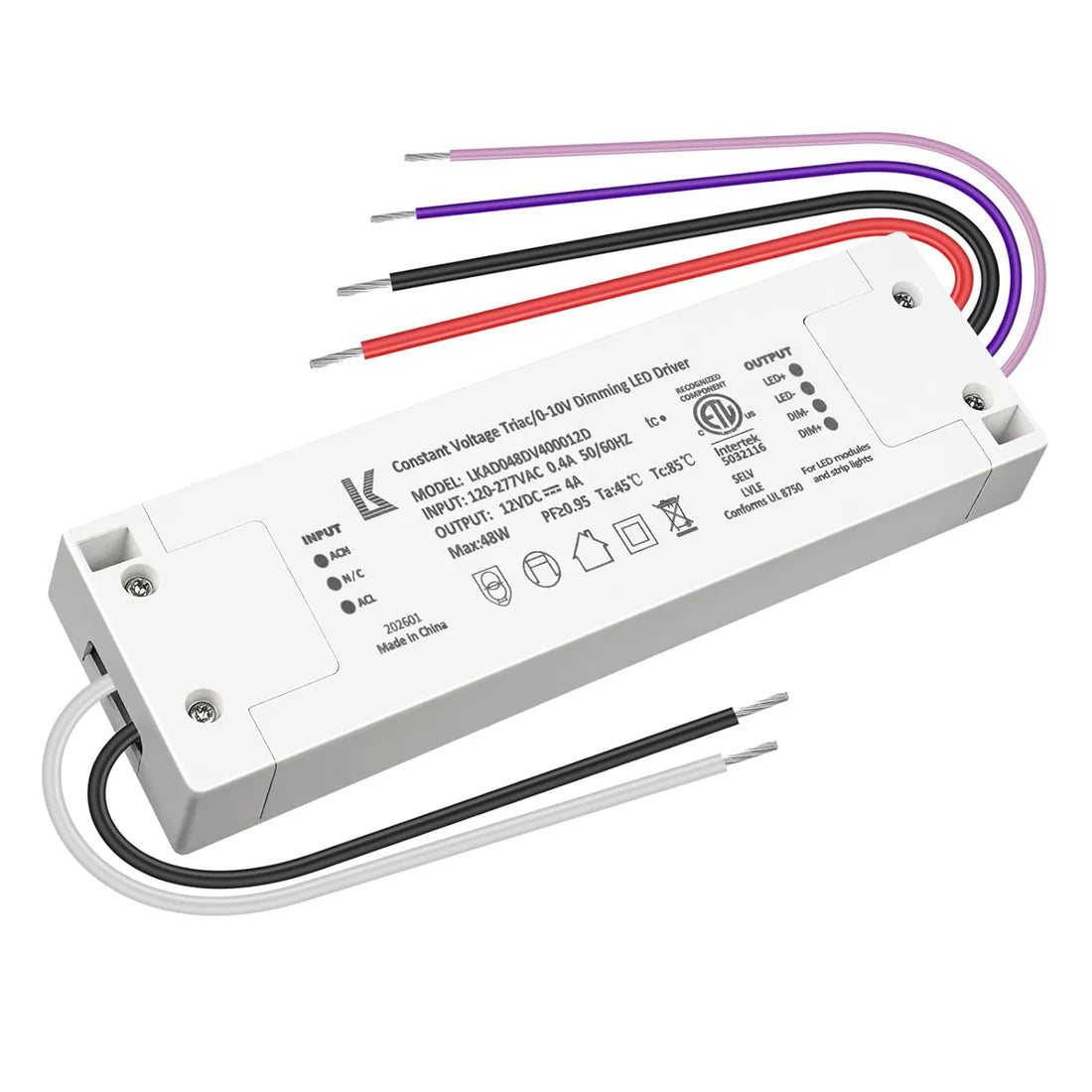 48W 12V DC Plastic Case Triac Dimmable LED Driver, ETL Listed, AC 120-277V Input, LED Driver for LED Strip Lighting / Under Cabinet Lighting / Home Ambient Lighting