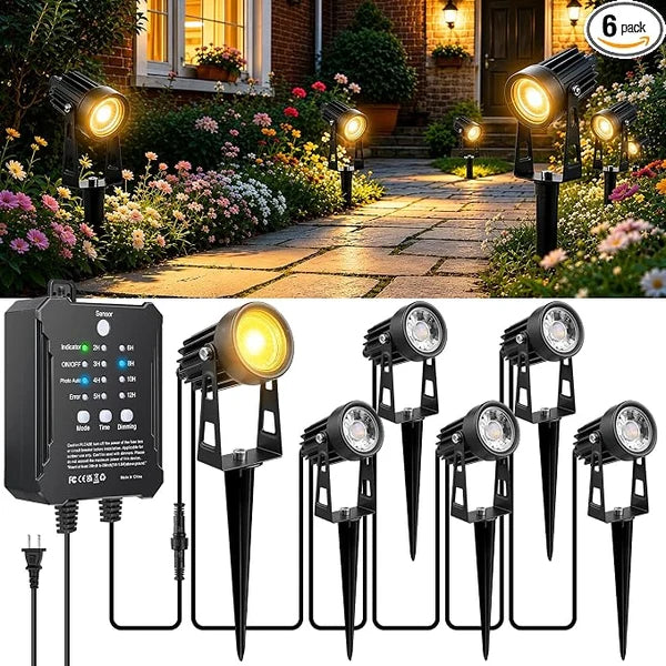 LightingWill All-in-One Low Voltage Landscape Lighting Kit - Smart Transformer | 6 Pack Landscape Lights | 3000K Warm White | IP65 Waterproof | Outdoor Lights for Yard Garden Pathway