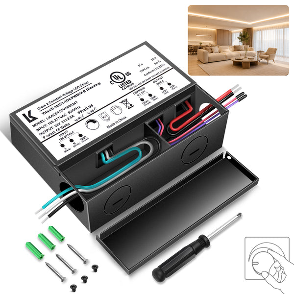 60W 24V DC Steel Case Triac Dimmable LED Driver, UL Listed, AC 120-277V Input, LED Driver for LED Strip Lighting / Under Cabinet Lighting / Home Ambient Lighting