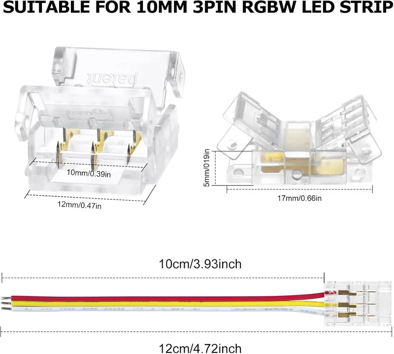 LightingWill LED Strip Connector 10mm 3Pin Transparent Solderless Clips, LED Light Strip Connector Strip to Wire Strip to Strip DC Adapter Connector for RGB IC Strip, Bulk 500pcs MOQ Factory Direct