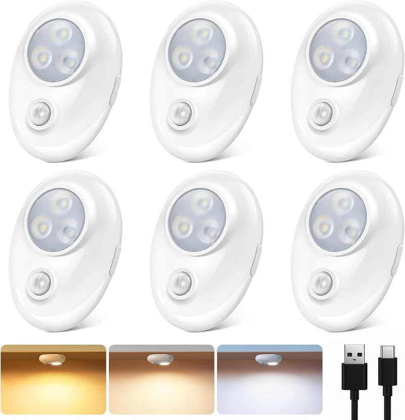 LightingWill Rechargeable Pebble LED Closet Light 4/6 Pack 3 LEDs, 3 Color Modes 3000K / 4000K / 6000K Motion Sensor Dimmable Cabinet Light, Tap Switch, White Finish, Magnetic Mounting
