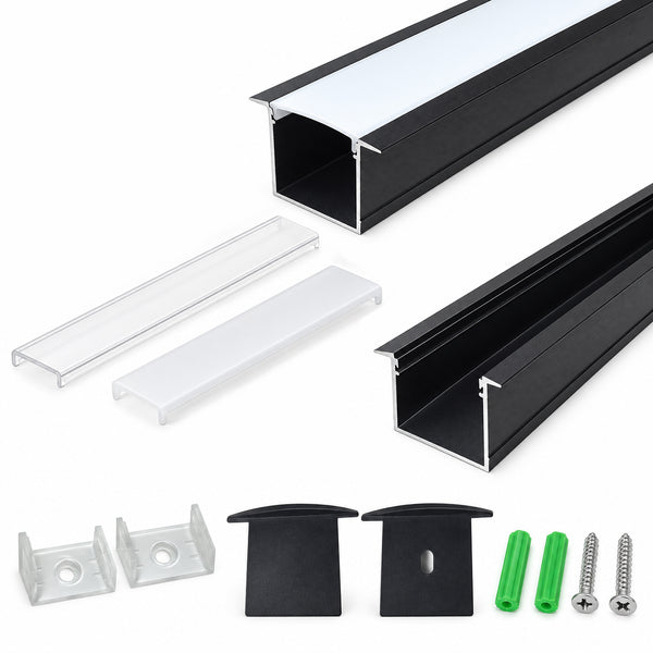 Black U05 36x24mm U-Shape LED Aluminum Channel, 20mm Inner Width, with Cover, End Caps & Mounting Clips for Spot-Free LED Strip Lighting