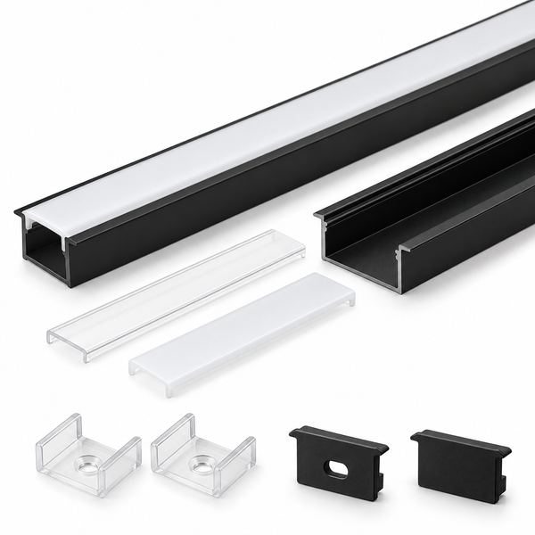 Black U01 9×23mm U-Shape LED Aluminum Channel, 12mm Inner Width, with Cover, End Caps & Mounting Clips