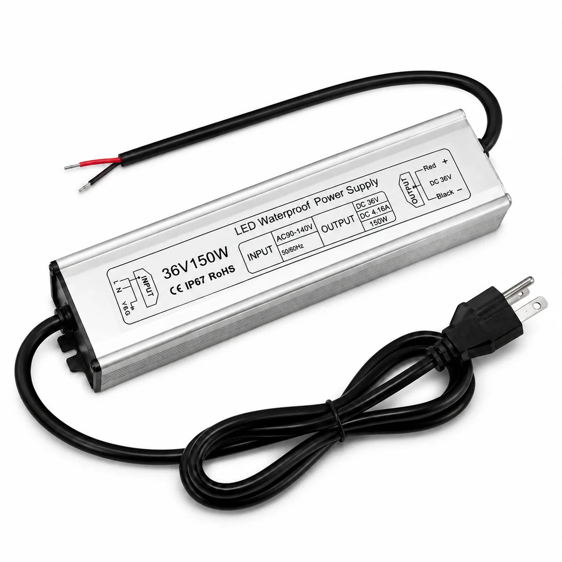 150W 36V/48V Waterproof LED Power Supply, 175-265V Input, Single Output, Aluminum Housing, Outdoor LED Lighting Driver, CE/RoHS/FCC Certified, EU Plug