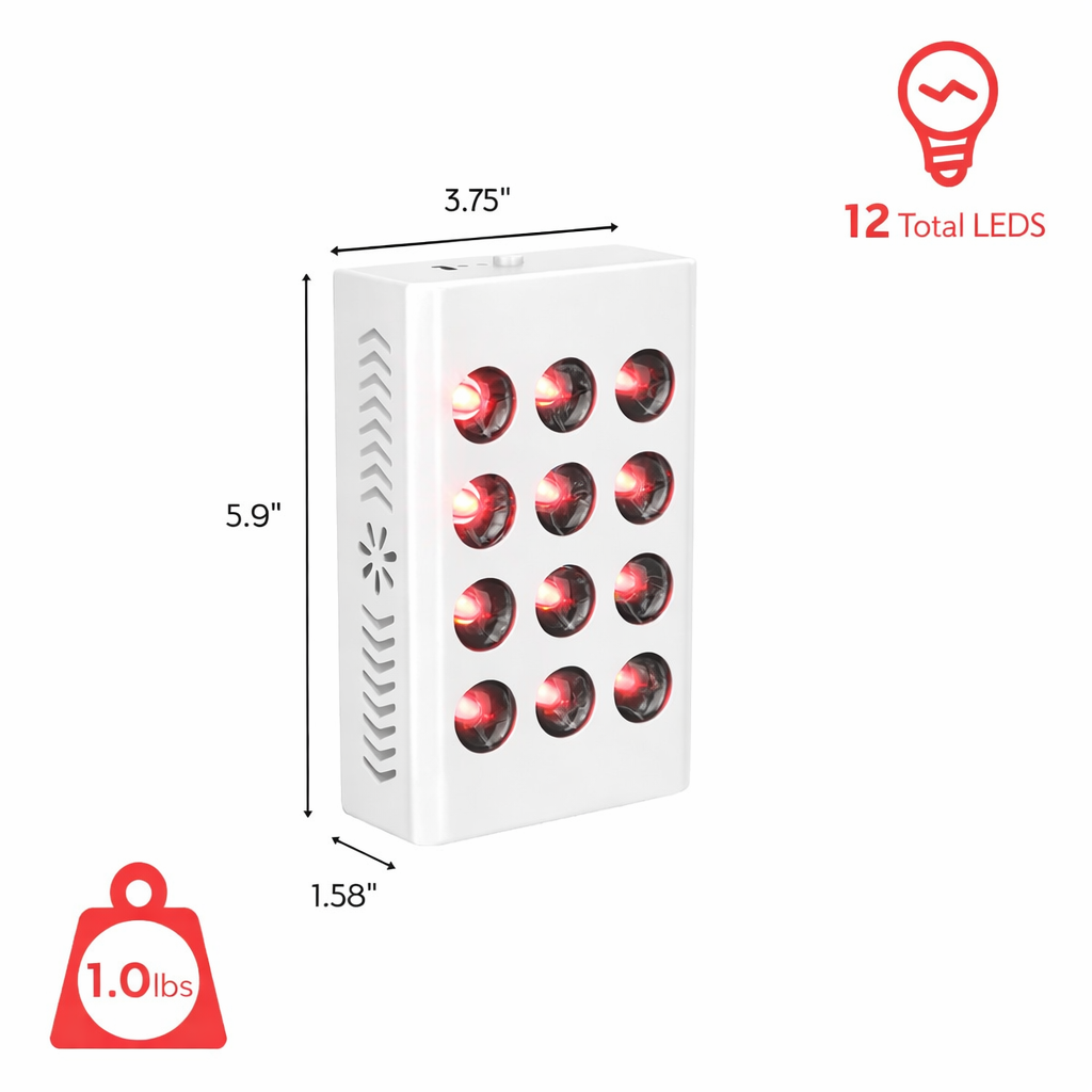 MINI60 Rechargeable Red & Near Infrared Therapy Light – Dual Chip | 12 LEDs | Portable Handheld Design | USB Powered | Black / White | for Skin Care & Muscle Relief
