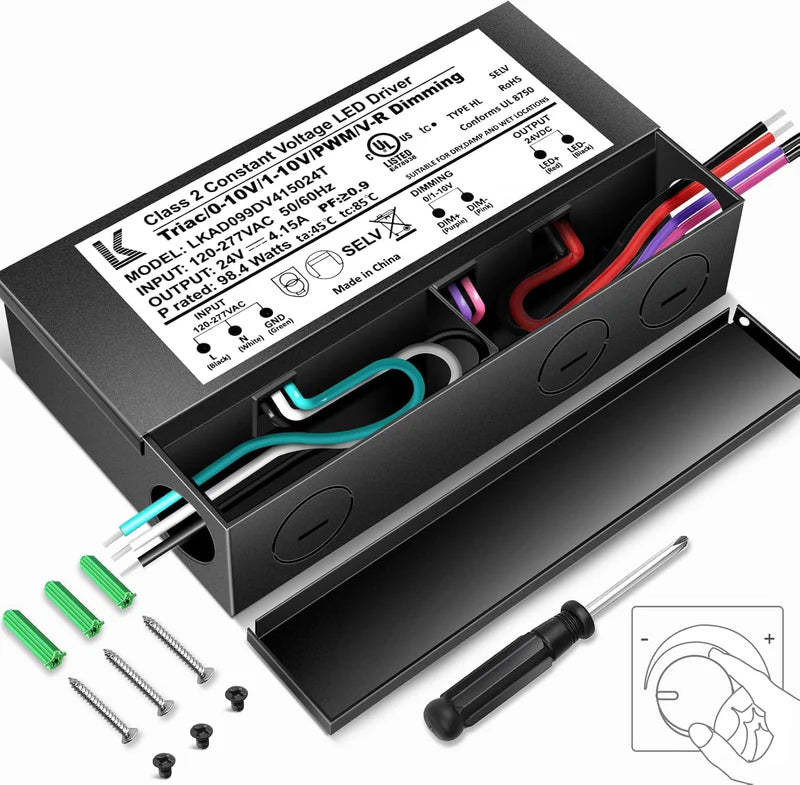 24V DC 5-in-1 Dimmable LED Power Supply – 60W / 100W / 200W UL Listed Waterproof LED Driver, AC 120–277V Input, Compatible with Triac / ELV / 0-10V / PWM / Resistive Dimming